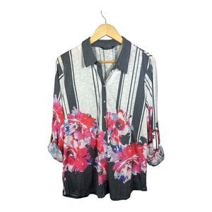 TANGO MANGO Women’s Snap Down Resort Wear Floral Blouse Pink/Gray Extra Large